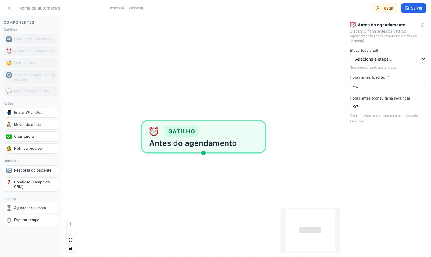 Gatilho adicionado e painel de configuração