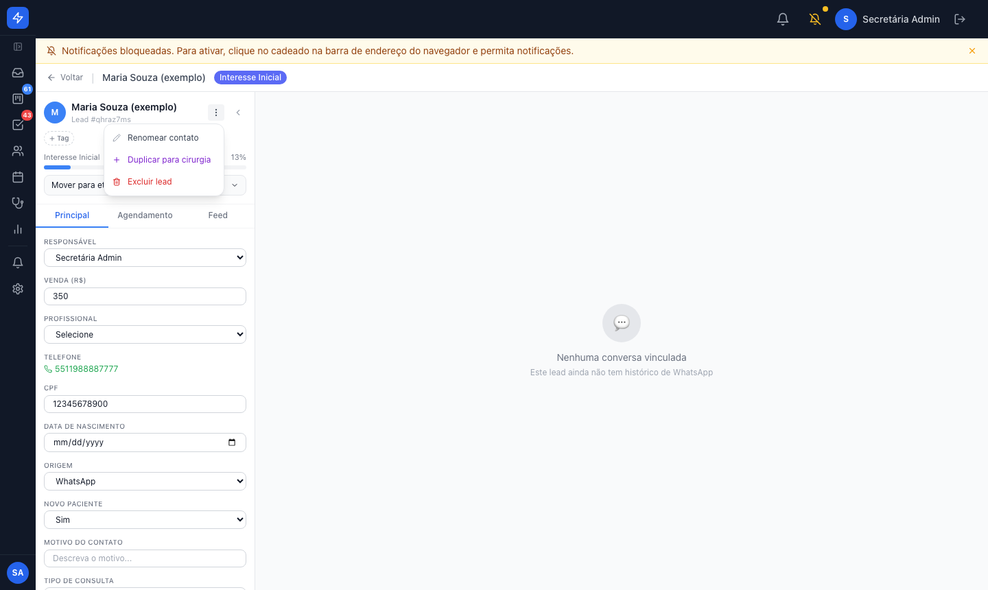 Menu Duplicar para cirurgia no card do lead