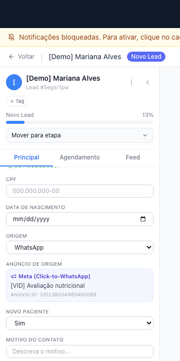 Anúncio de origem no card do lead