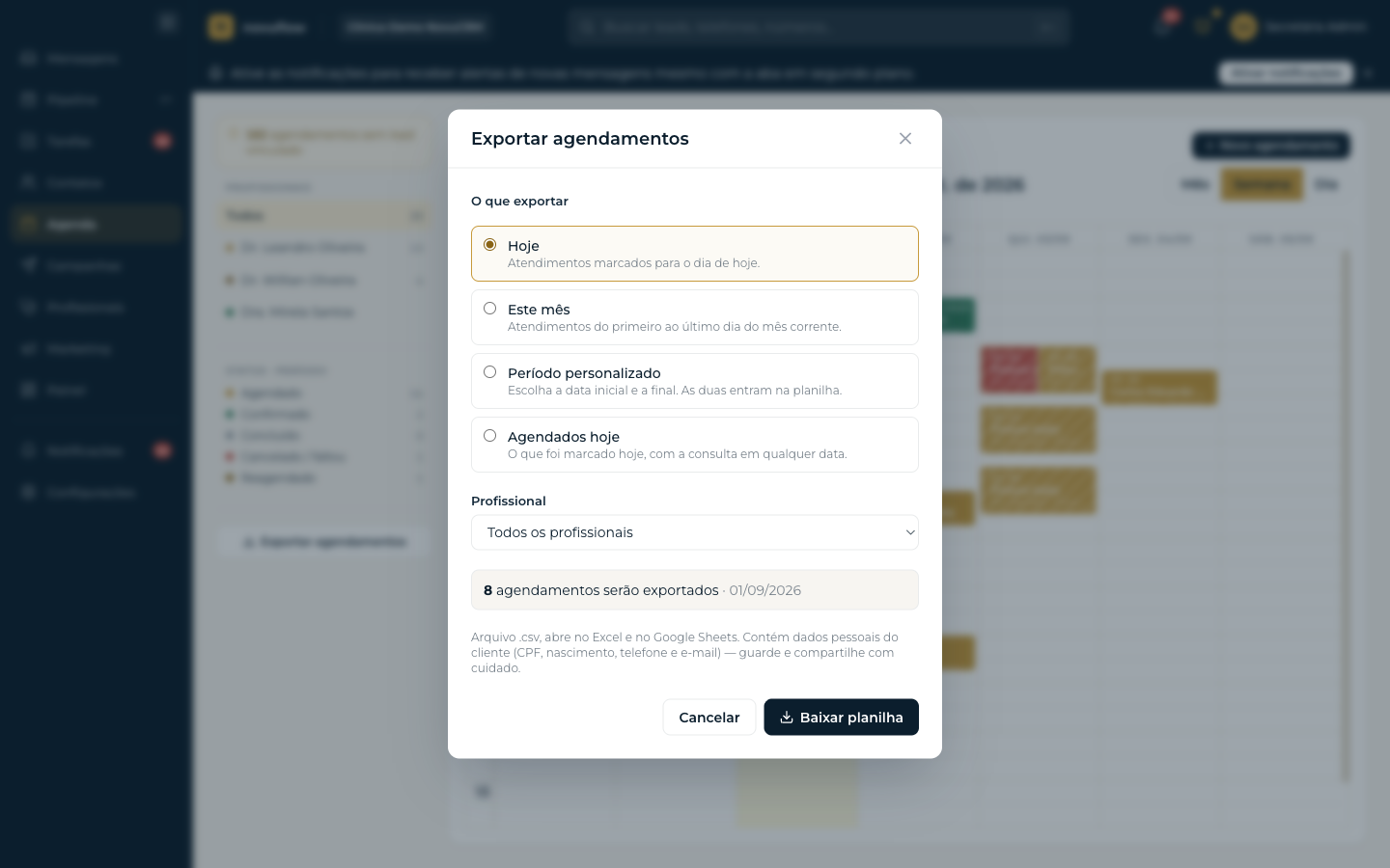Modal de exportação da agenda